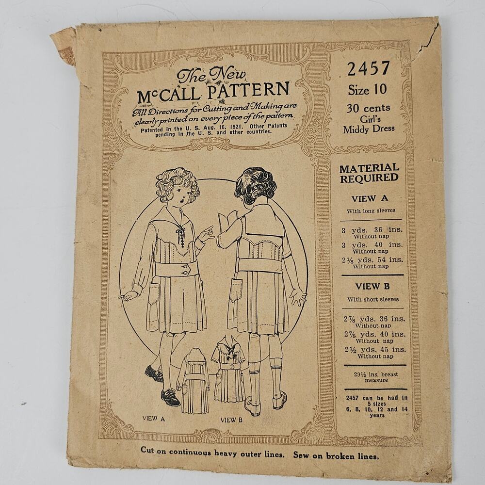 Rare VTG 1921 girls middy dress size 10 sewing pattern cut complete